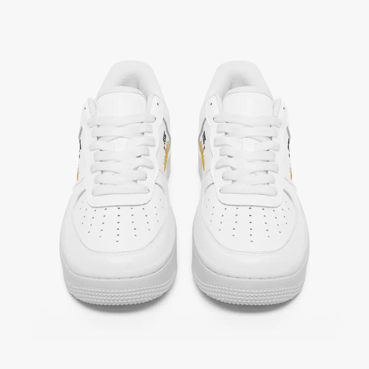 Front view of a pair of clean white low-top leather sneakers with white laces and perforated toe caps on a plain background.