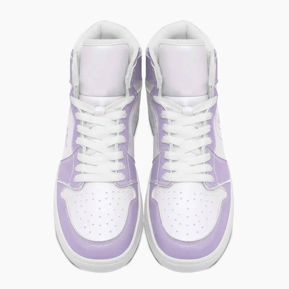 Front view of a pair of high-top sneakers in pastel purple and white leather with white laces and perforated toe boxes on a clean background.