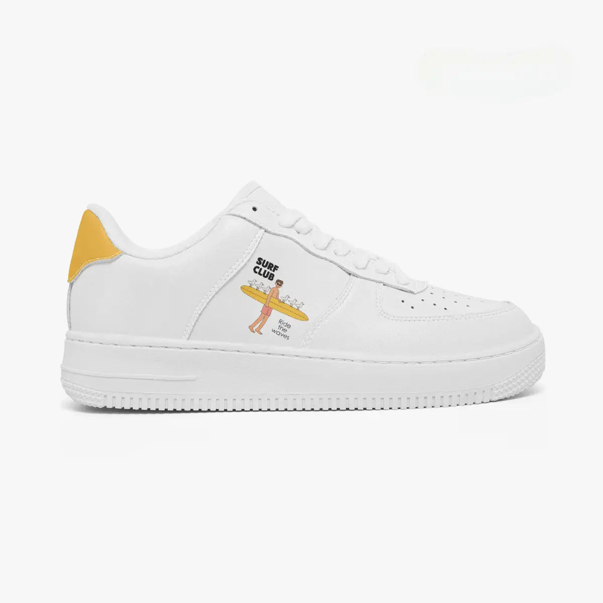 Outer side view of the right sneaker in white leather, highlighting the surfer carrying a surfboard graphic and mustard yellow heel accent facing right.