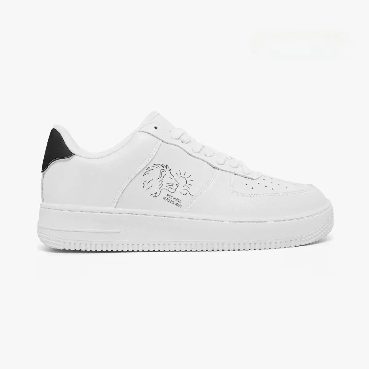 Outer side view of the right sneaker in white leather, highlighting the minimalist lion illustration and black heel accent facing right.