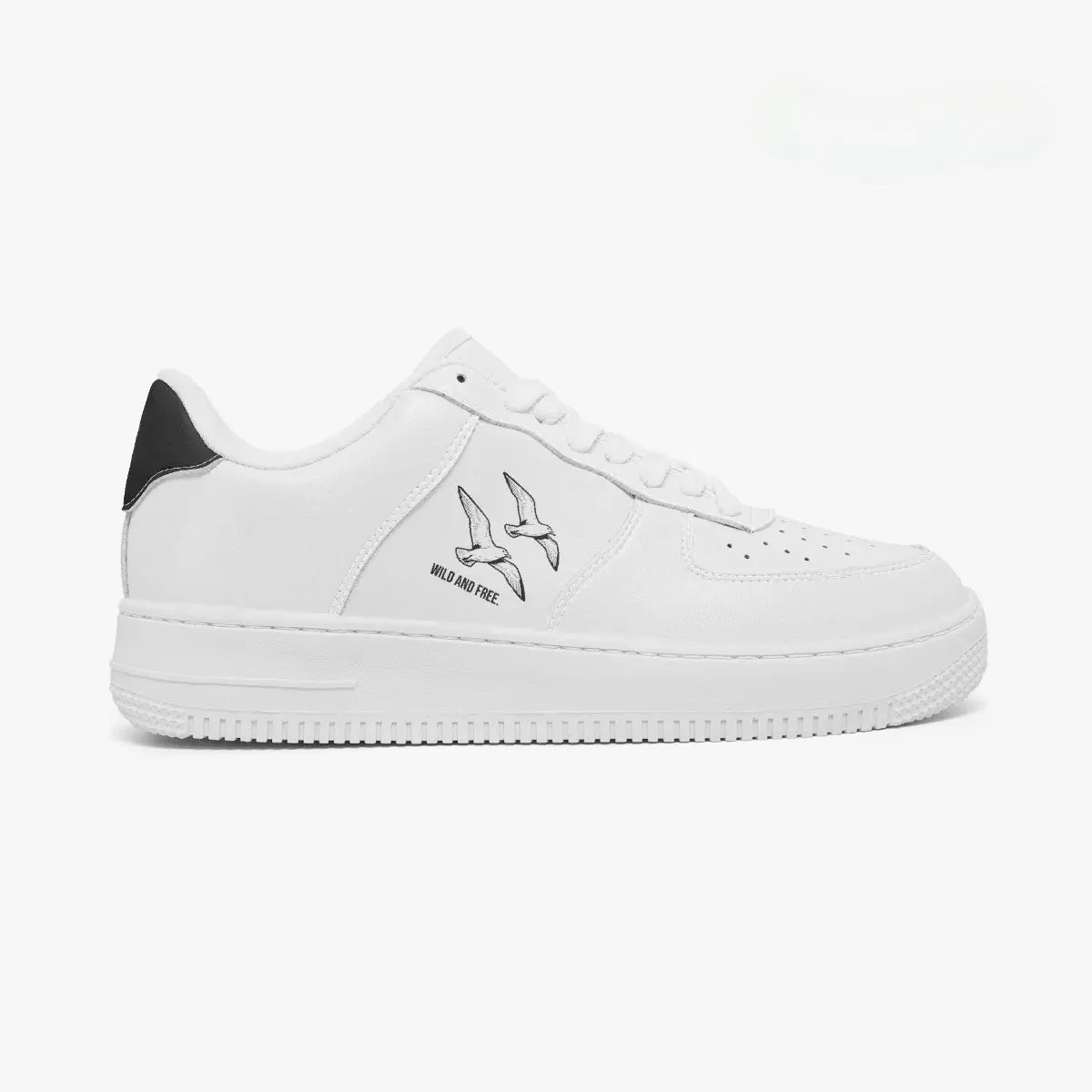 Side profile view of the right sneaker showcasing the clean white upper, dual bird graphics, black heel accent, and textured white rubber sole facing right.