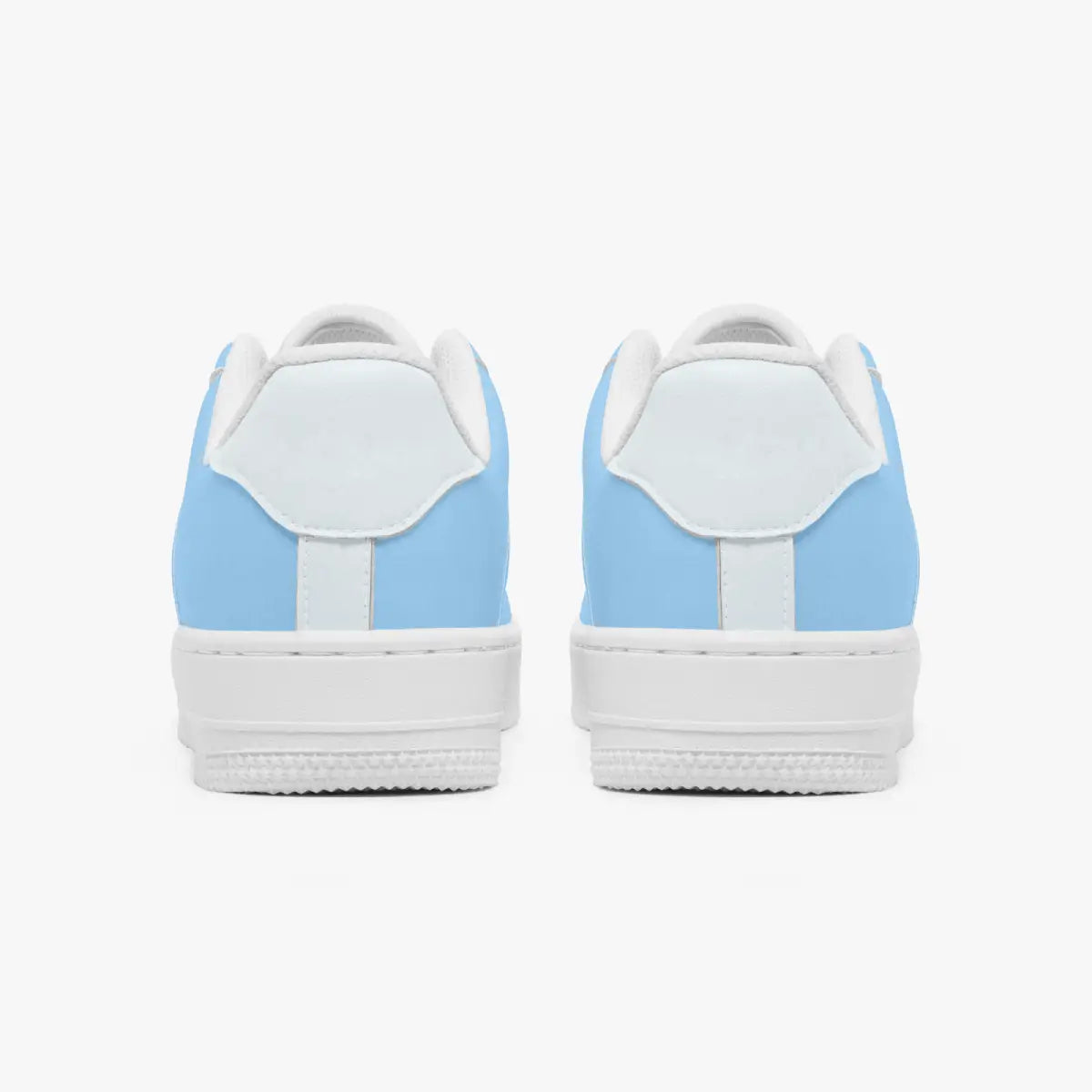 Rear view of sky blue and white sneakers displaying sky blue heel overlays, white leather collar tabs, and textured white rubber platform midsoles.
