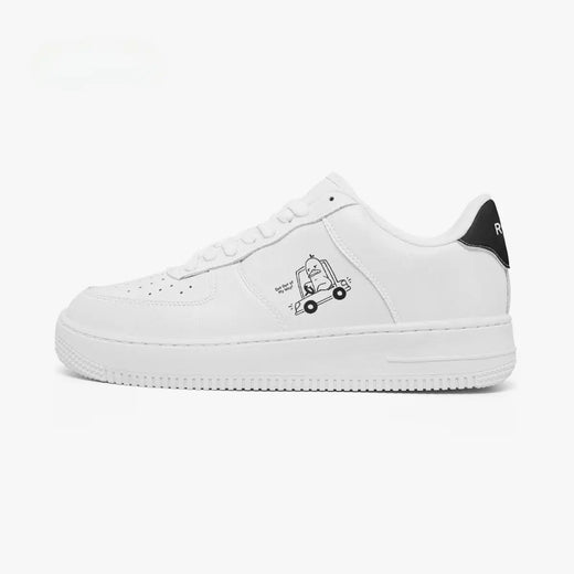 Outer side view of the left sneaker featuring an all-white silhouette, textured white midsole, and cartoon car graphic facing left.