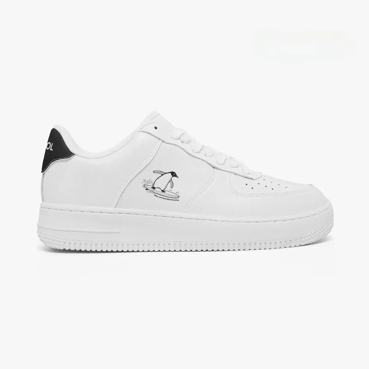 Outer side view of the right sneaker in white leather, highlighting the surfing penguin line illustration and clean white midsole facing right.