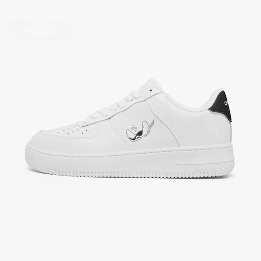 Outer side view of the left sneaker featuring an all-white silhouette, textured rubber midsole, and line-art stingray design facing left.