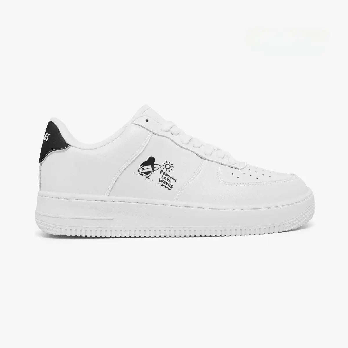 Outer side view of the right shoe in white, showing the minimal penguin illustration and thick textured rubber midsole facing right.