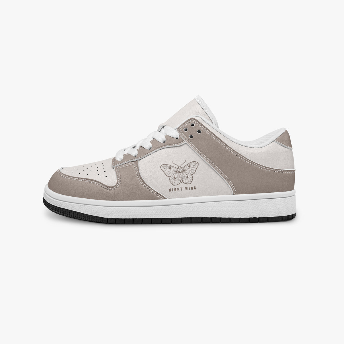 Side profile view of the left sneaker in taupe and off-white leather, highlighting the "NIGHT WING" moth design, white laces, white interior lining, and flat rubber sole facing right.