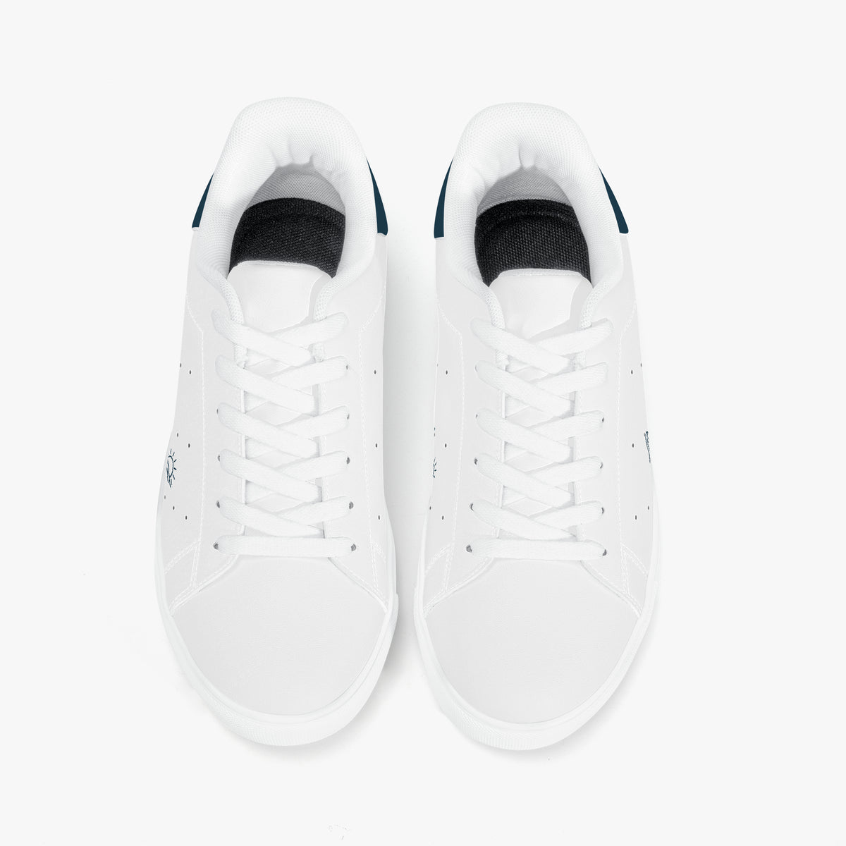 A pair of white low-top sneakers shown from a top-down view against a clean white background.