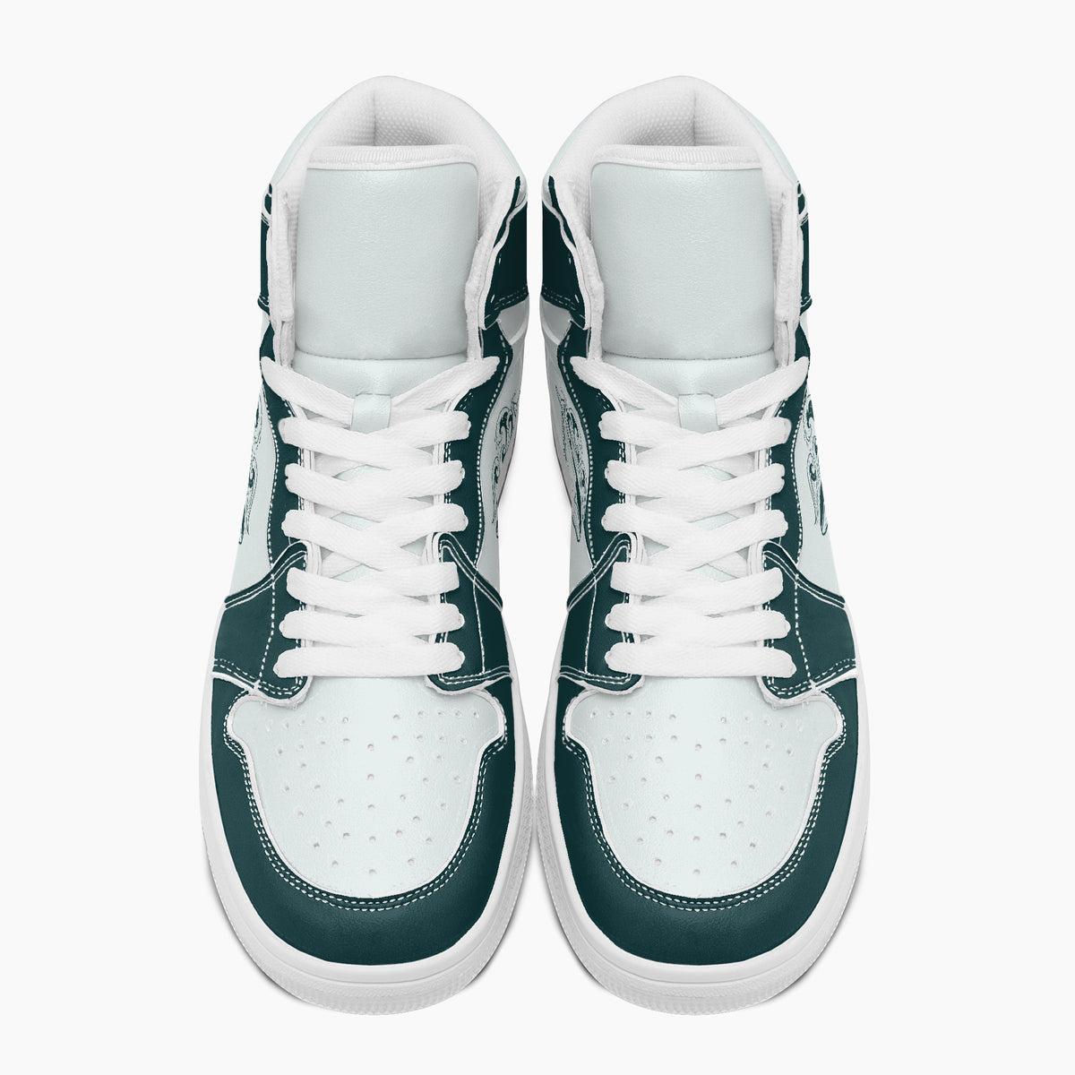 Overhead top-down view of high-top sneakers highlighting dark teal eyestays, white lacing, and perforated white leather vamps.