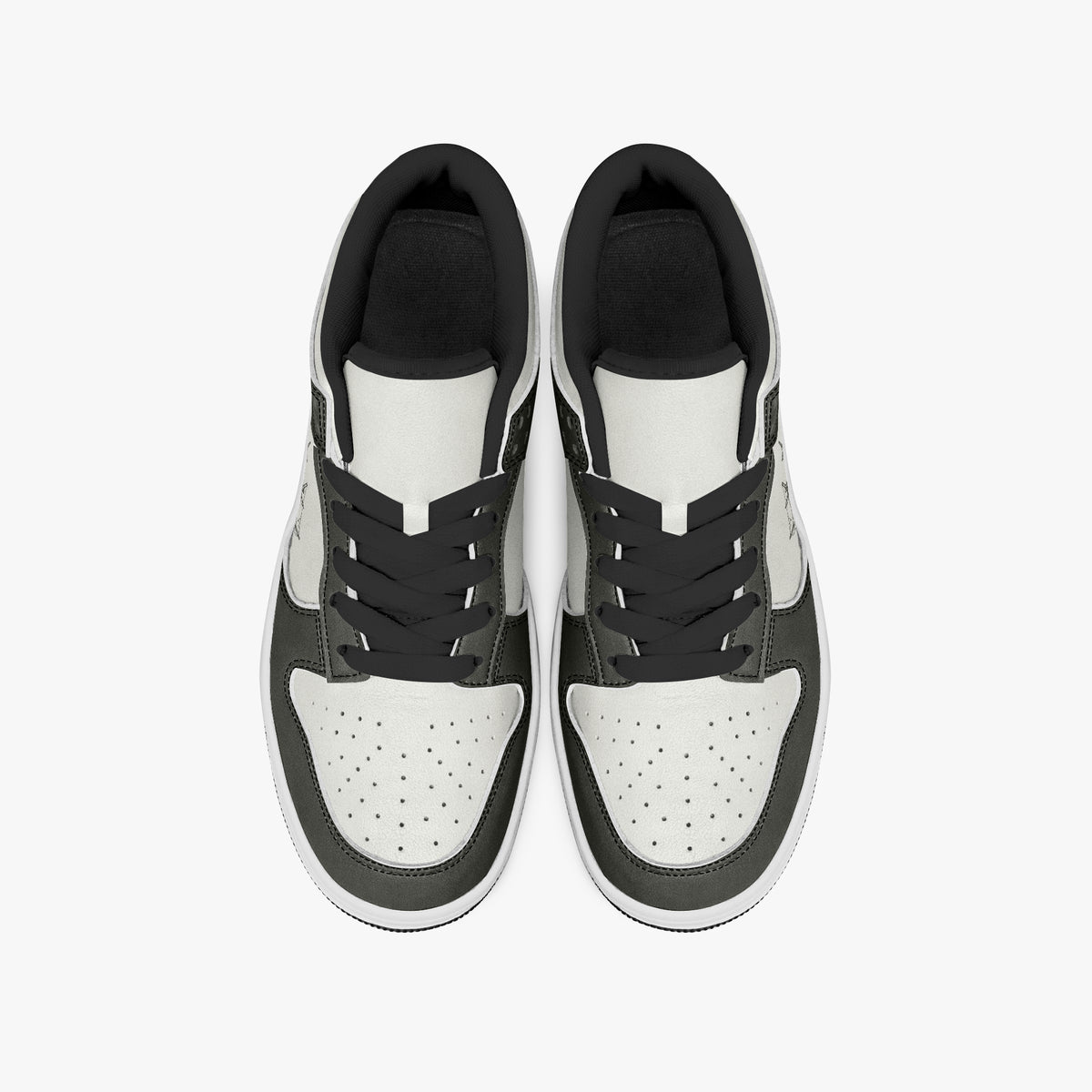 Overhead view of olive-grey and off-white sneakers displaying black laces, black padded collar lining, and perforated off-white leather toe boxes.