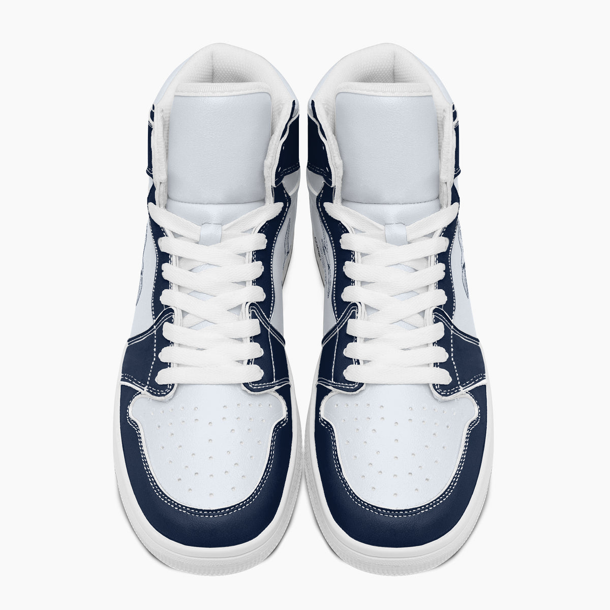 Overhead top-down view of high-top sneakers highlighting navy blue eyestays, white lacing, and perforated white leather vamps.