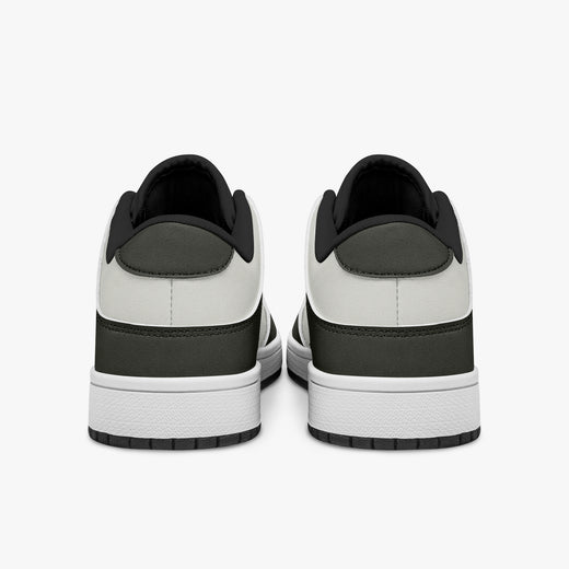 Rear view of olive-grey and off-white sneakers showing dark heel overlays, off-white leather collar panels, and black interior collar lining above white midsoles.