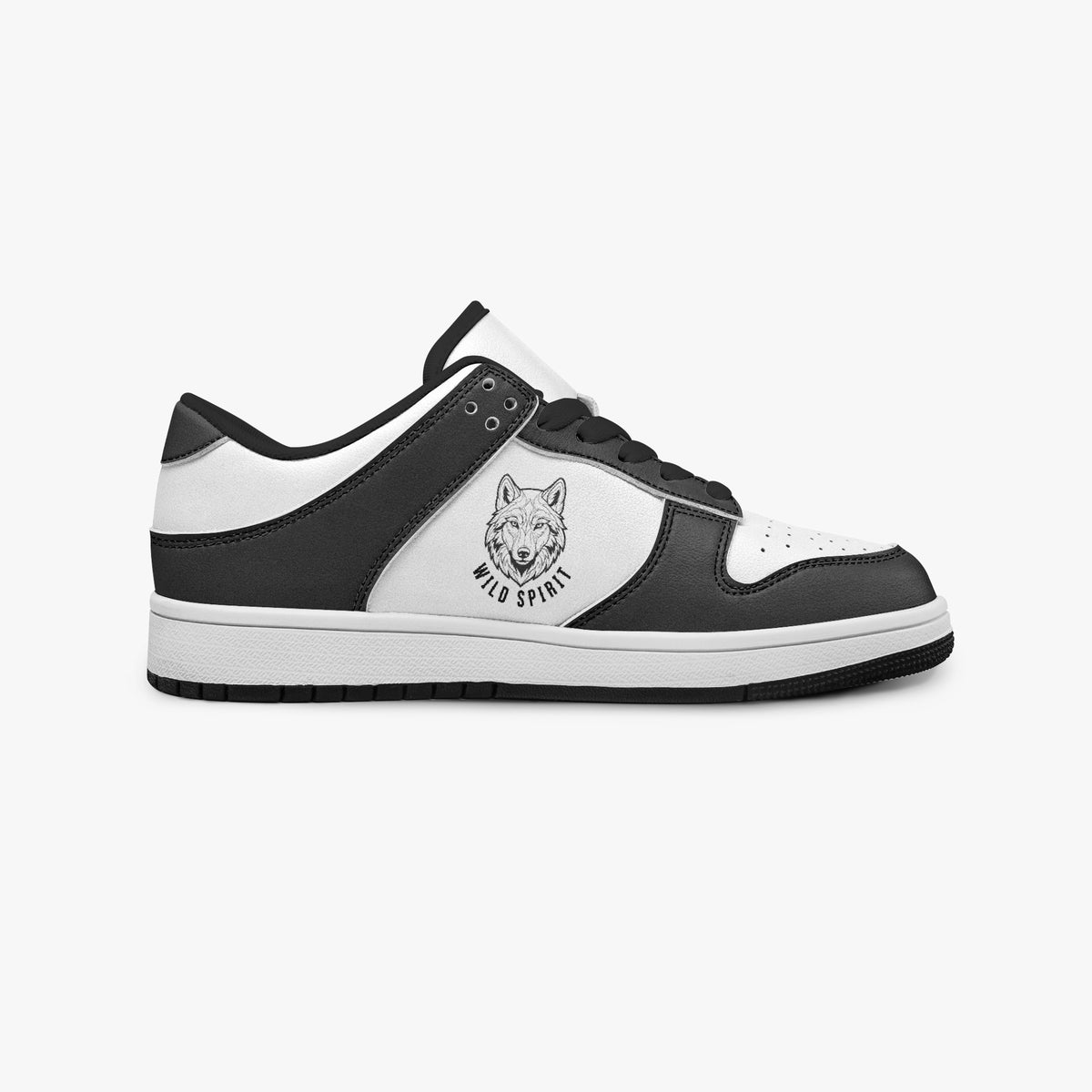 Side profile view of the right sneaker showcasing the black and white color blocking, "WILD SPIRIT" wolf graphic, black laces, and black rubber outsole facing right.