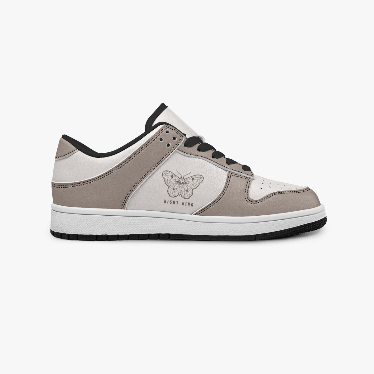 Side profile view of the right sneaker showcasing the taupe and off-white color blocking, moth emblem, black laces, and dark rubber outsole facing right.