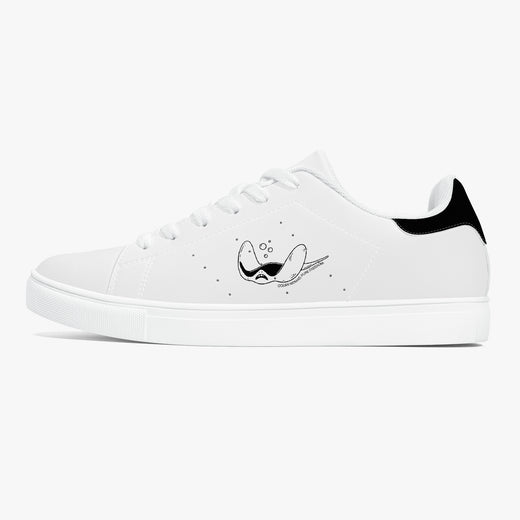A white low-top sneaker with a black graphic of a fish with a mustache and small black stars on the side, featuring a black heel tab, shown against a plain white background.