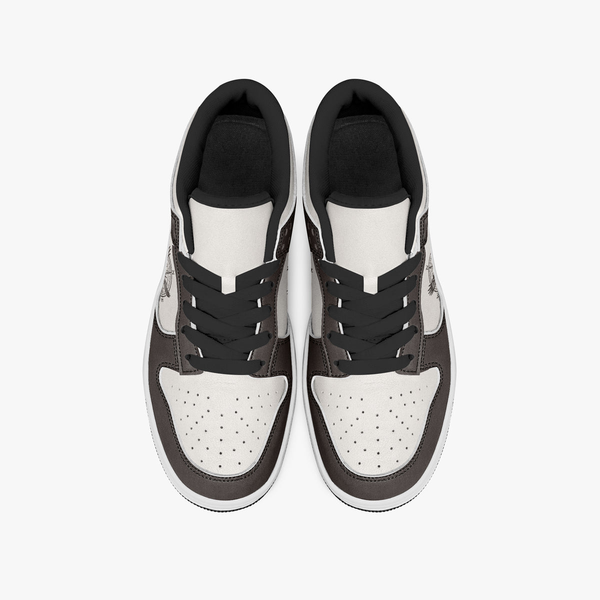 Overhead view of dark brown and off-white sneakers displaying black laces, black padded collar lining, and perforated off-white leather toe boxes.