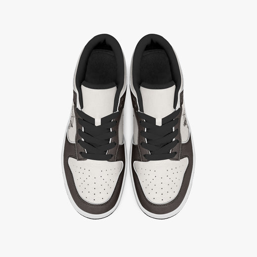 Overhead view of dark brown and off-white sneakers displaying black laces, black padded collar lining, and perforated off-white leather toe boxes.