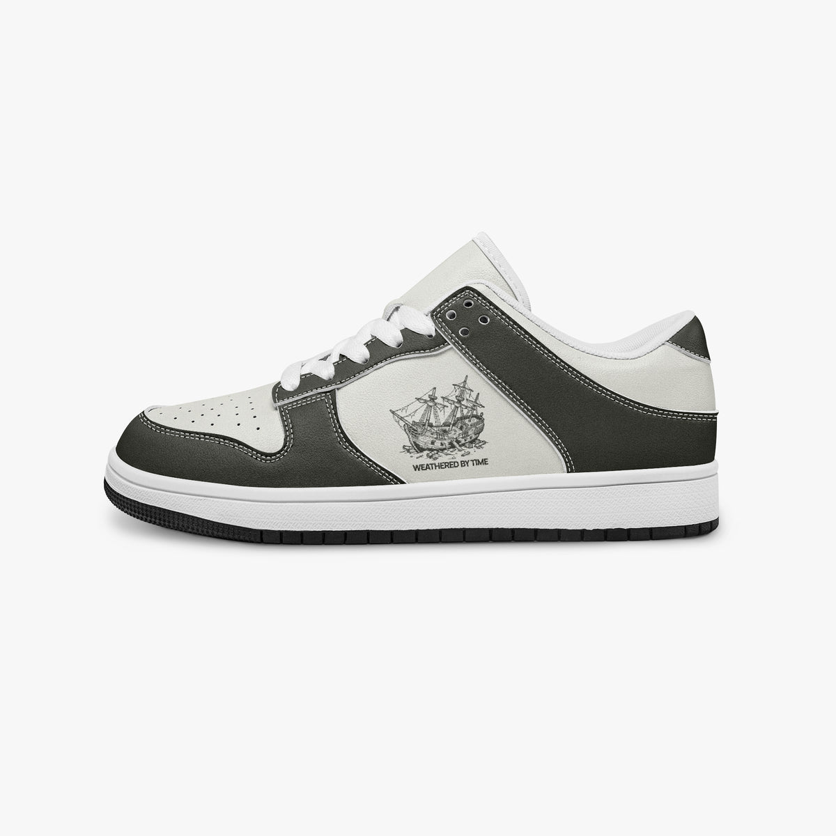 Side profile view of the left sneaker in dark olive-grey and off-white leather, highlighting the "WEATHERED BY TIME" ship design, white laces, white interior lining, and flat rubber sole facing right.