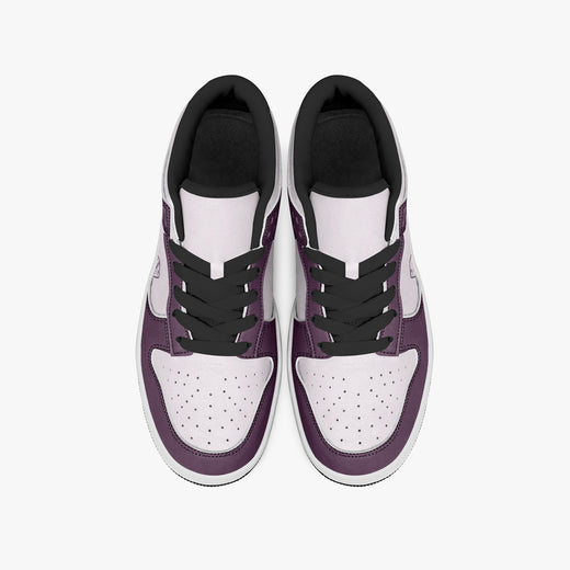 Overhead view of plum purple and pale lilac sneakers showing black laces, black inner collar lining, and perforated toe boxes.