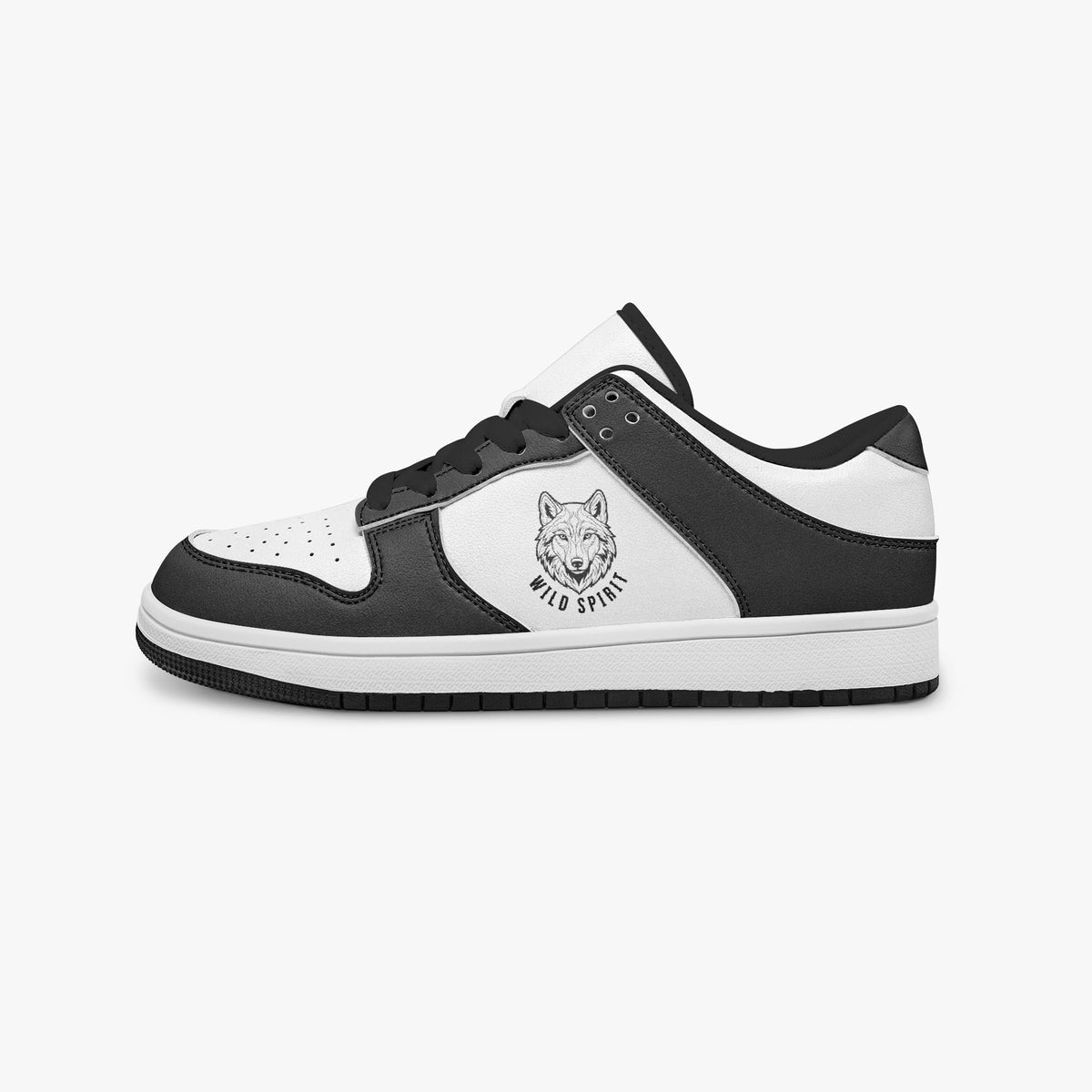 Side profile view of the left sneaker highlighting the black leather panels, wolf emblem, black interior lining, and flat rubber sole facing right.
