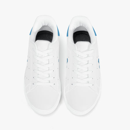 A pair of white low-top sneakers shown from a top-down view on a clean white background. The shoes feature white laces, a black interior lining, and small blue accents on the heel and side.
