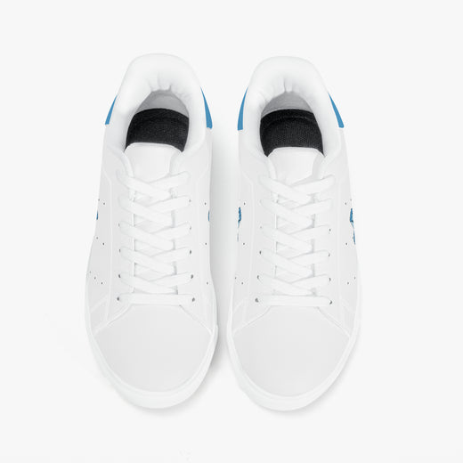 A pair of white low-top sneakers shown from a top-down view on a clean white background. The shoes feature white laces, a black interior lining, and small blue accents on the heel and side.