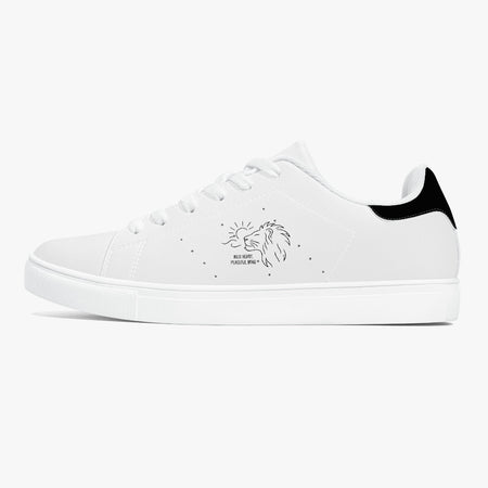 White sneaker with black text and design on a white background