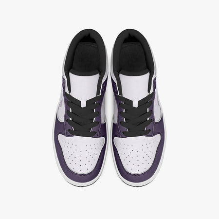 Overhead view of deep purple and white sneakers showing black laces, black padded collar lining, and perforated white toe boxes.