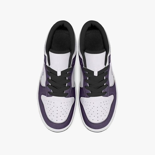 Overhead view of deep purple and white sneakers showing black laces, black padded collar lining, and perforated white toe boxes.