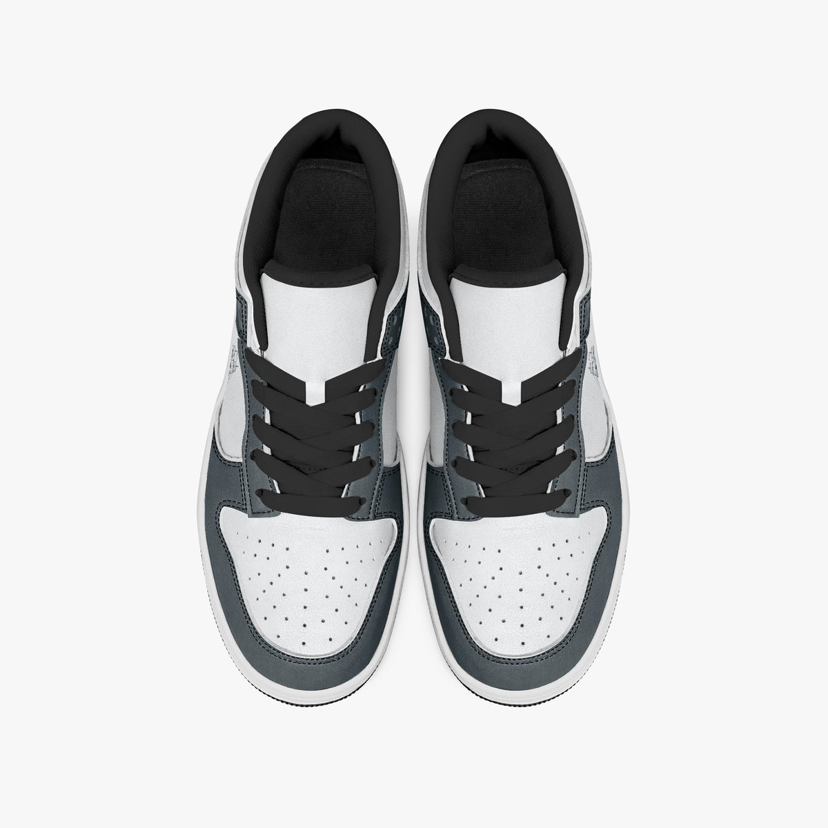Overhead view of slate blue-grey and white sneakers displaying black laces, black padded collar lining, and perforated white leather toe boxes.