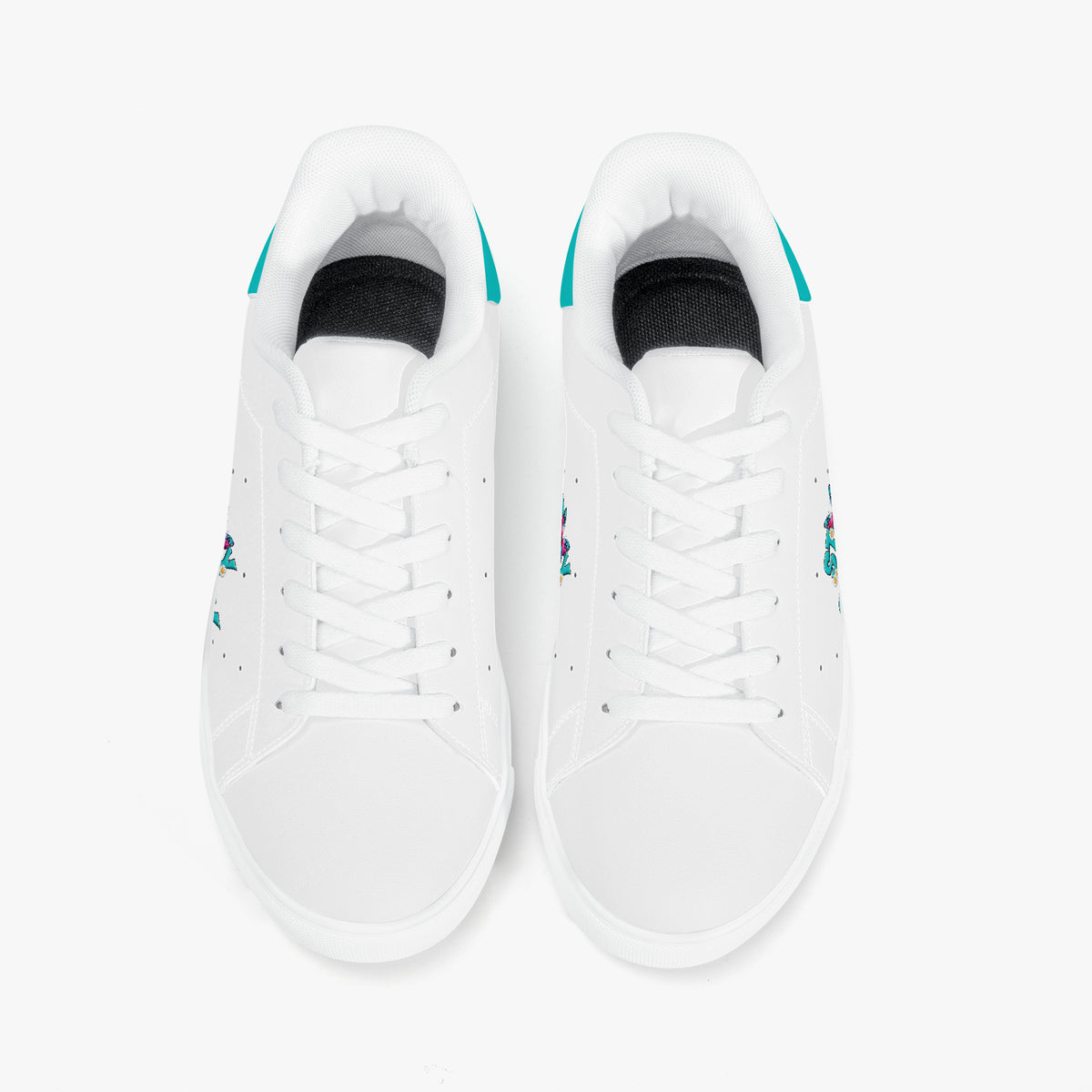 White sneakers with blue accents on a white background