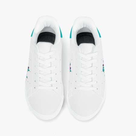 White sneakers with blue accents on a white background
