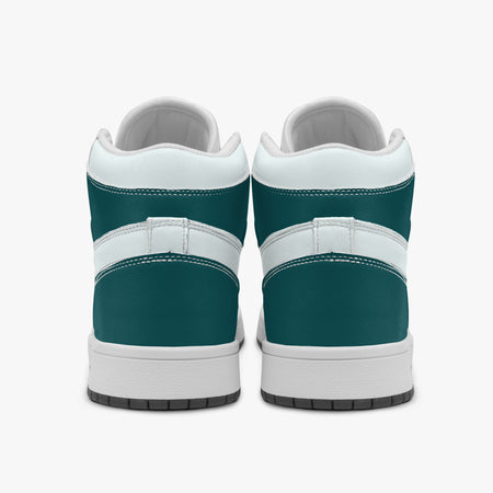 Centered rear view of high-top sneakers showing dark teal leather heel wraps, white padded upper collars, and clean white midsoles.