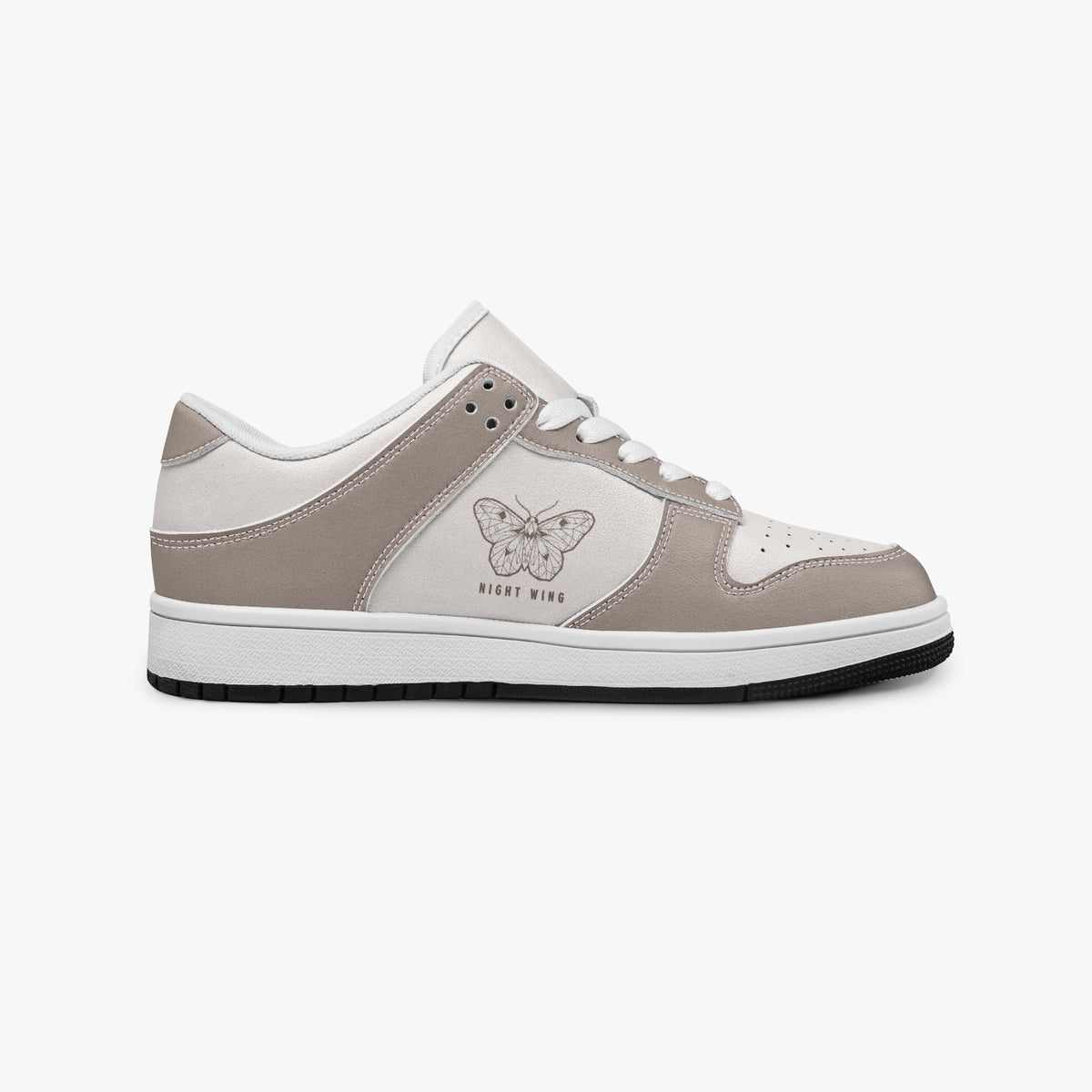 Side profile view of the right sneaker showcasing the taupe leather overlays, moth illustration, white eyelet lacing, and contrasting dark outsole facing right.