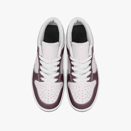 Overhead view of burgundy and pale pink sneakers showing clean white laces, white padded collar lining, and perforated pale pink toe boxes.