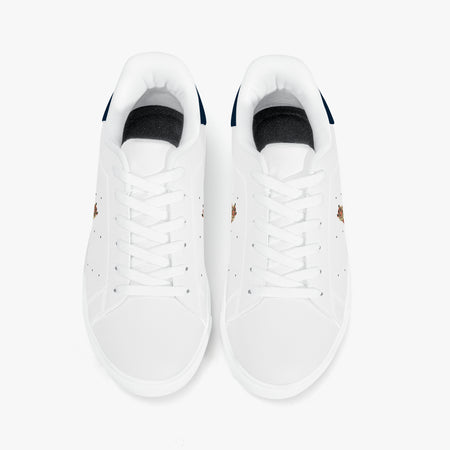A pair of white low-top sneakers shown from a top-down view on a clean white background. The shoes feature white laces, a white leather upper, a black collar lining, and small gold horse logos on the sides.
