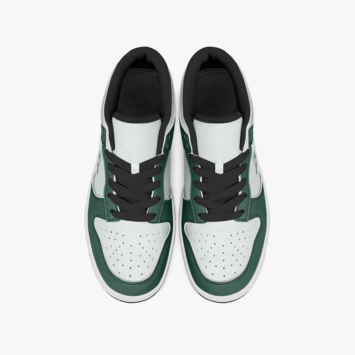 Overhead view of forest green and white sneakers displaying black laces, black padded collar lining, and perforated white leather toe boxes.