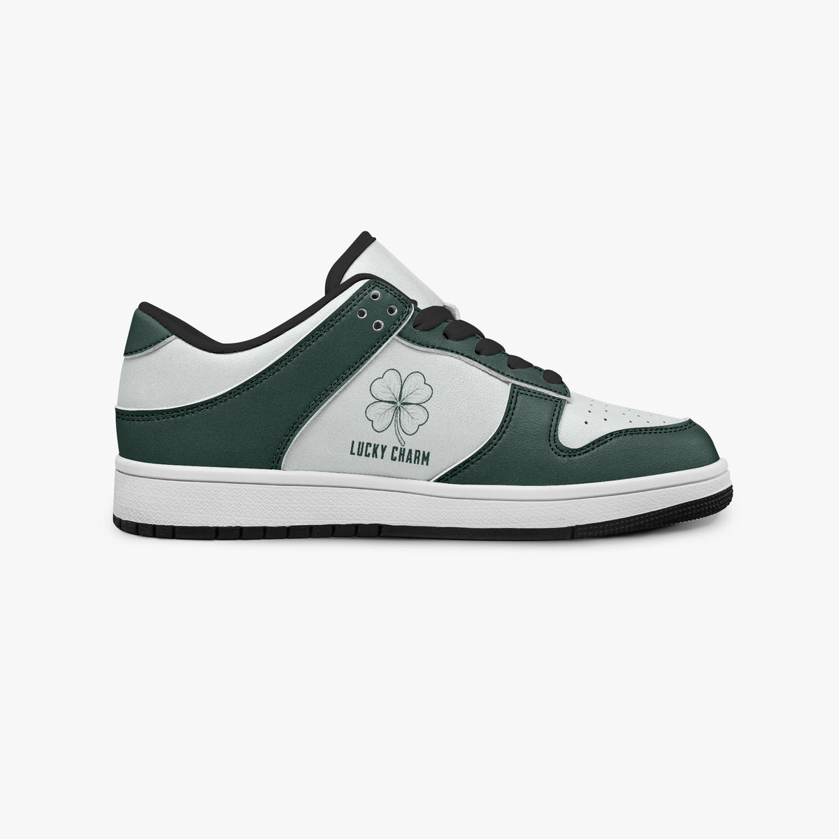 Side profile view of the right sneaker showcasing the dark green and white color blocking, "LUCKY CHARM" graphic, black laces, and black rubber outsole facing right.