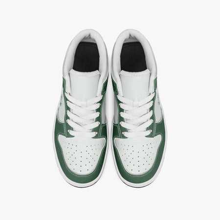 Overhead view of forest green and white sneakers showing clean white laces, white padded collar lining, and perforated white leather toe boxes.