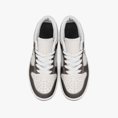 Overhead view of brown and cream sneakers showing clean white laces, white padded collar lining, and perforated cream leather toe boxes.