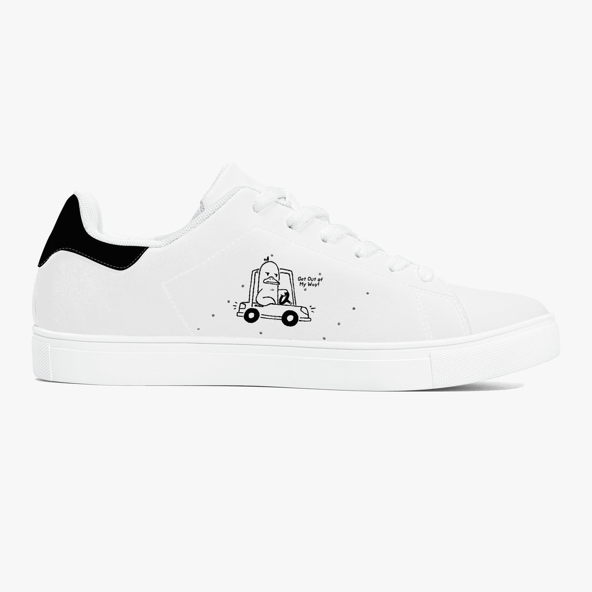 A white low-top sneaker with a black heel tab, white laces, and a black line-art graphic of a delivery truck on the side with the text 'Delivering Love'.
