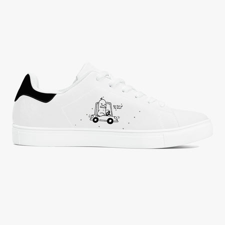 A white low-top sneaker with a black heel tab, white laces, and a black line-art graphic of a delivery truck on the side with the text 'Delivering Love'.