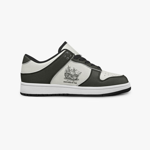 Side profile view of the right sneaker showcasing the color-blocked leather upper, "WEATHERED BY TIME" graphic, black laces, and dark rubber outsole facing right.
