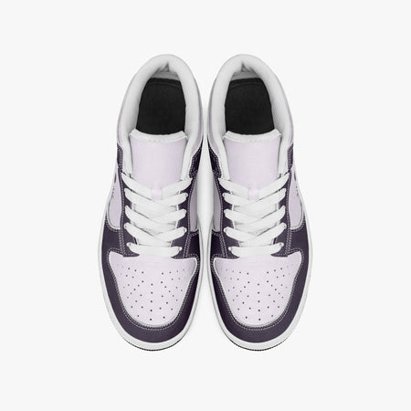 Overhead view of plum purple and pale lilac sneakers showing clean white laces, white padded collar lining, and perforated lilac leather toe boxes.