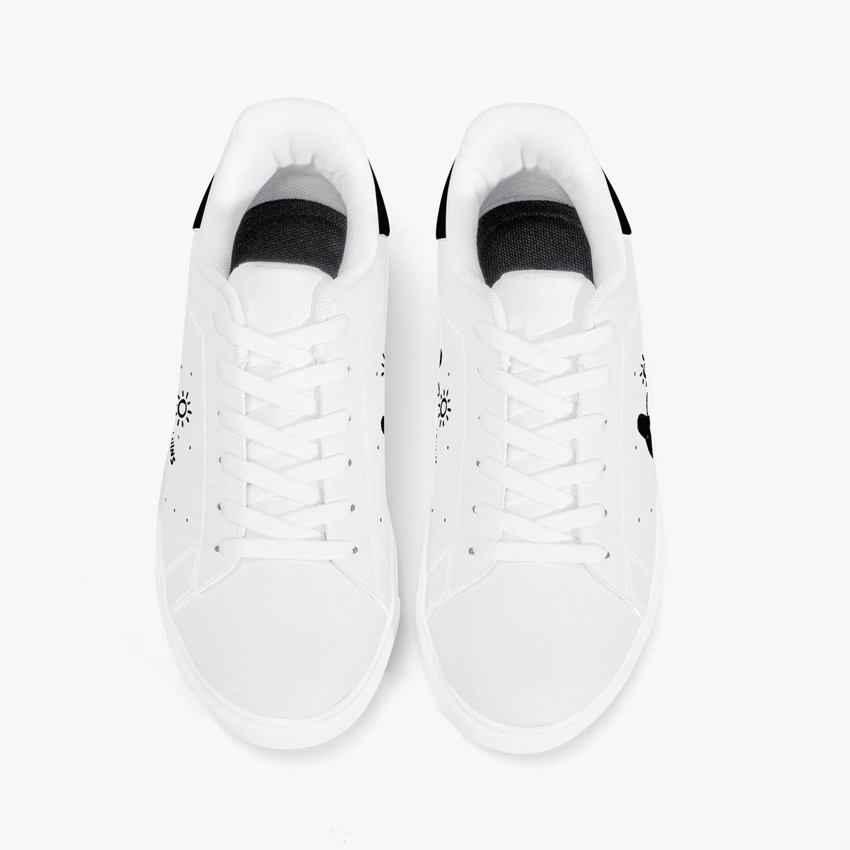 A pair of white low-top sneakers shown from a top-down view on a clean white background.