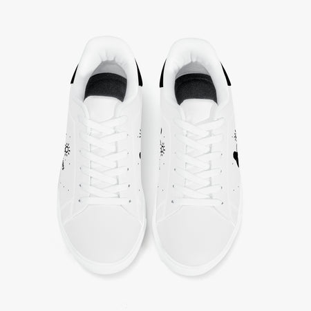 A pair of white low-top sneakers shown from a top-down view on a clean white background.