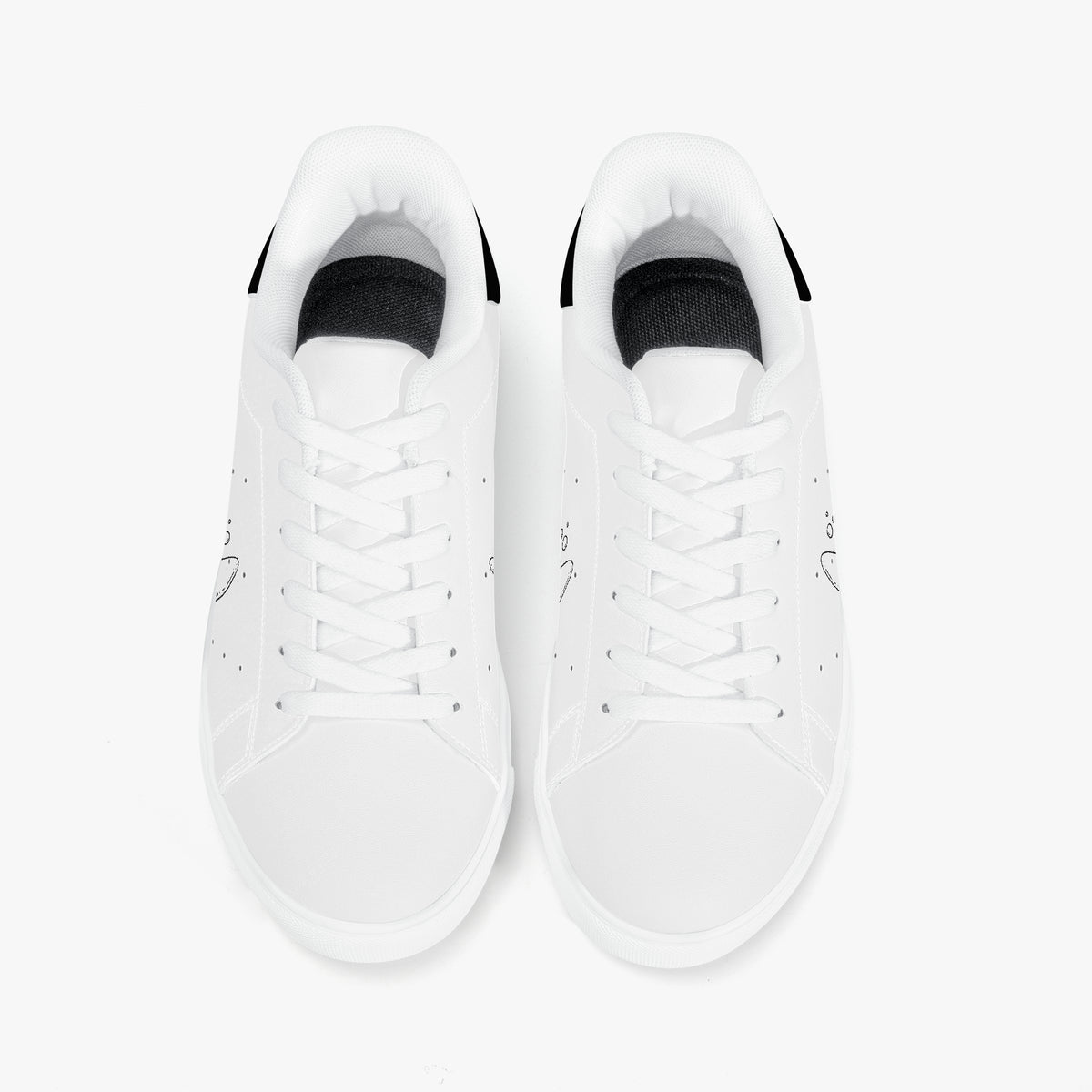 A pair of white low-top sneakers shown from a top-down view on a clean white background.