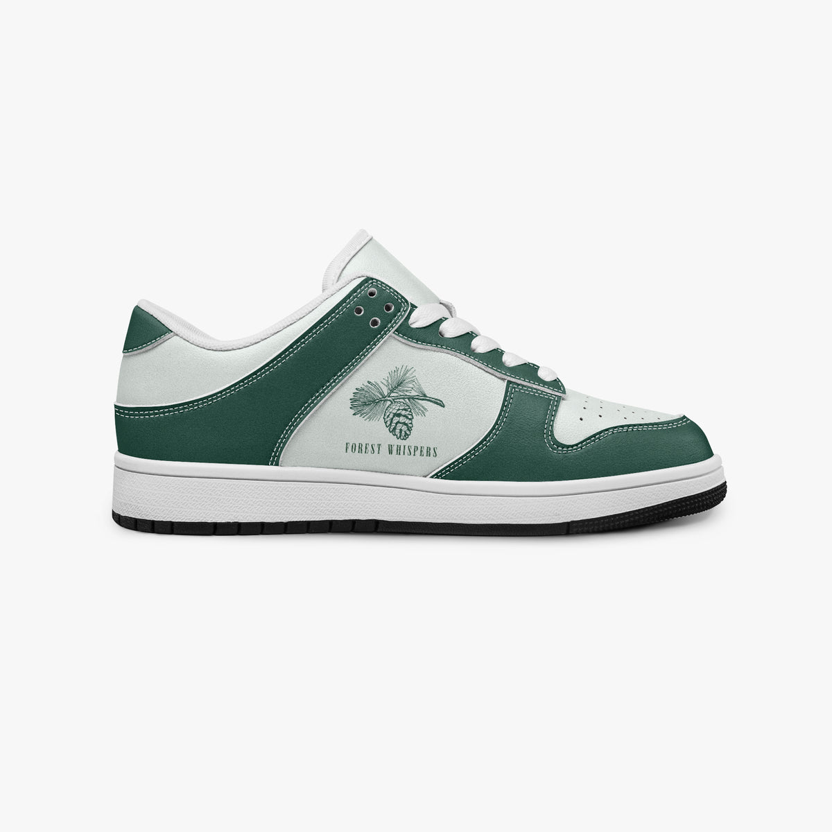 Side profile view of the right sneaker showcasing the green leather overlays, pine branch emblem, white eyelet lacing, and contrasting black outsole facing right.