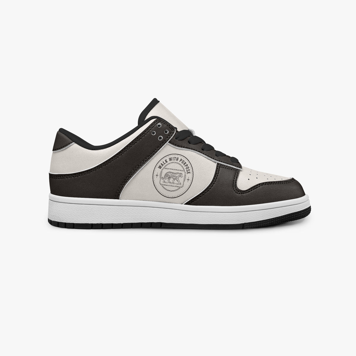 Side profile view of the right sneaker showcasing the dark brown and cream color blocking, "WALK WITH PURPOSE" tiger emblem, black laces, and black rubber outsole facing right.