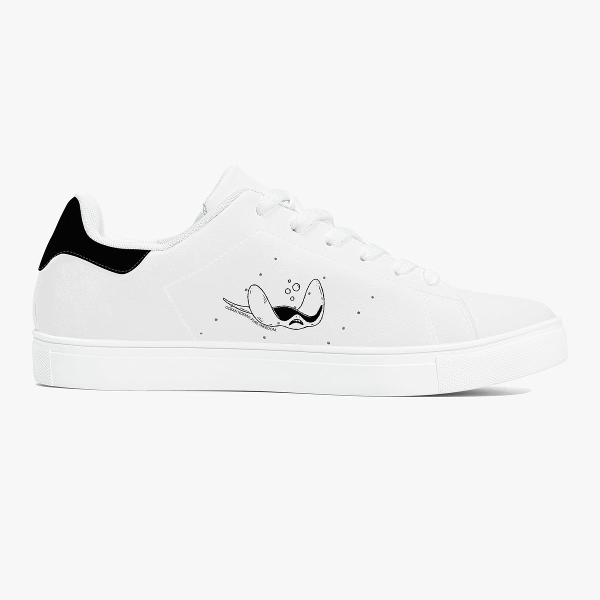 A white low-top sneaker with a black heel tab, white laces, and a black cartoon bird graphic on the side, set against a light gray background.